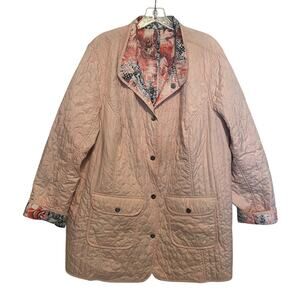 Dennis Basso Quilted Reversible Jacket Womens Size 2X Pink Floral Snap Topper